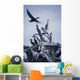 Cormorants Fly Above Driftwood, Grey Sky, Galiano Island, Bc Wall Mural