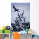 Cormorants Fly Above Driftwood, Grey Sky, Galiano Island, Bc Wall Mural