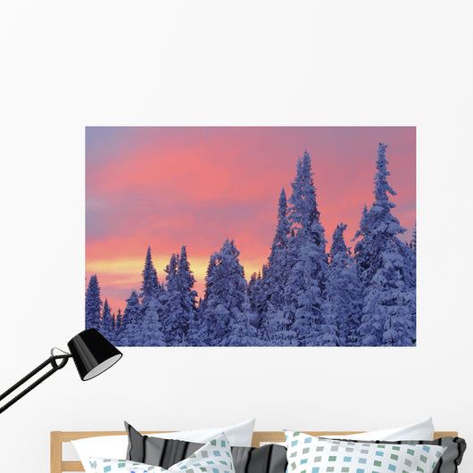 View Of Snow-Covered Trees And Sky At Twilight, Quebec, Canada Wall Mural