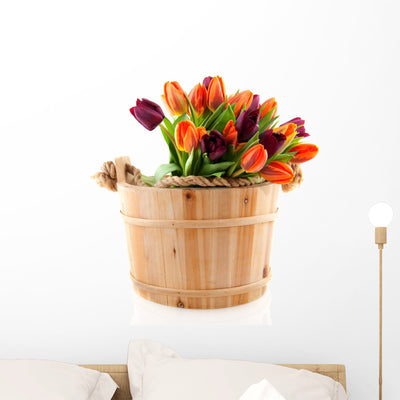 Wooden Bucket Ful Tulips Wall Decal shown on a wall