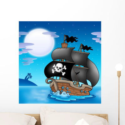 Pirate Sailboat with Moon Wall Mural shown on a wall