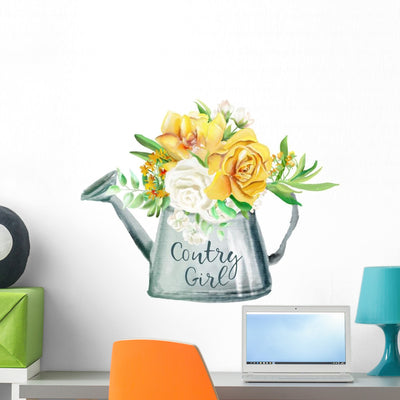 Country Girl Watercolor Flowers Wall Decal shown on a wall