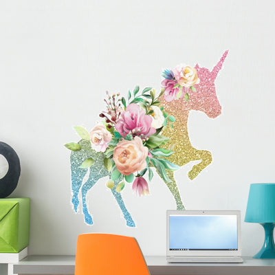 Beautiful Colorful Floral Unicorn Wall Decal shown on a wall