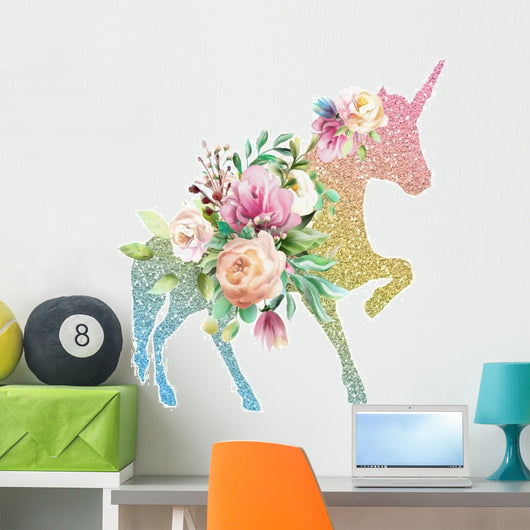 Beautiful Colorful Floral Unicorn Wall Decal -  – Wallmonkeys