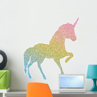 Rainbow Silhouette Unicorn Wall Decal shown on a wall