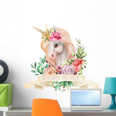 Cute Floral Watercolor Unicorn Wall Decal shown on a wall