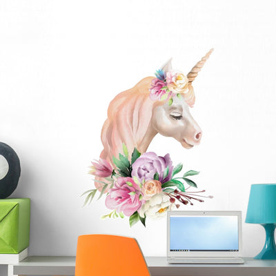 Floral Watercolor Unicorn Head Wall Decal shown on a wall