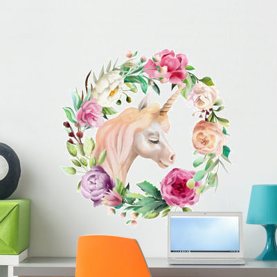Circular Floral Unicorn Bouquet Wall Decal shown on a wall