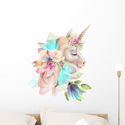 Crystal Floral Unicorn Bouquet Wall Decal shown on a wall