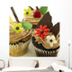Close-Up Of Three Chocolate Cupcakes With Candy Flowers Wall Mural