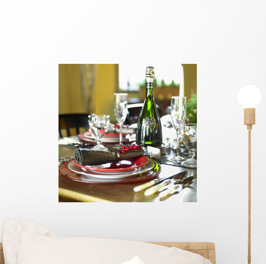 Table Setting With Red And White Plates, Red Berries Wall Mural
