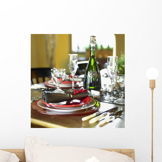 Table Setting With Red And White Plates, Red Berries Wall Mural