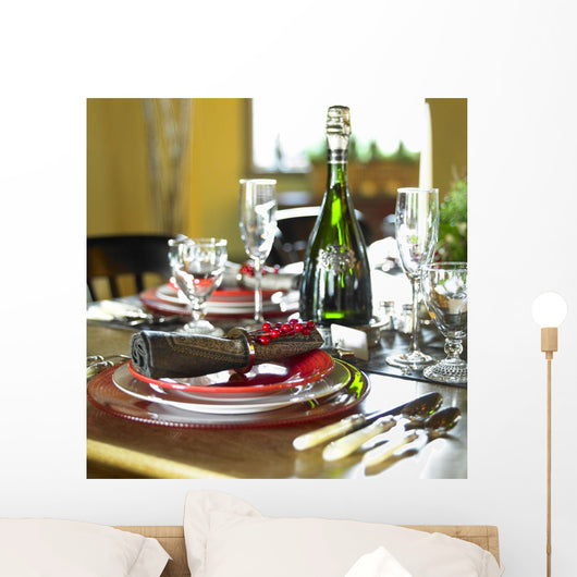 Table Setting With Red And White Plates, Red Berries Wall Mural