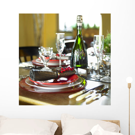 Table Setting With Red And White Plates, Red Berries Wall Mural
