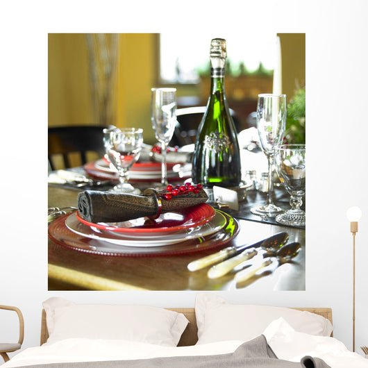 Table Setting With Red And White Plates, Red Berries Wall Mural