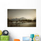 Boy Running Across A Wooden Bridge On A River With Mountains Wall Mural
