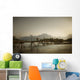 Boy Running Across A Wooden Bridge On A River With Mountains Wall Mural