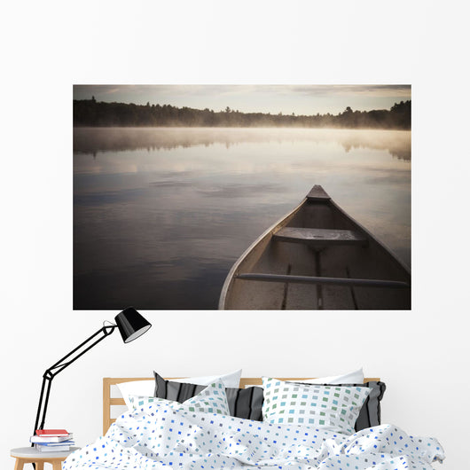 Canoe In Morning Fog On Duck Lake Wall Mural