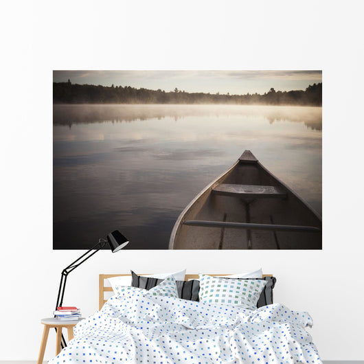 Canoe In Morning Fog On Duck Lake Wall Mural
