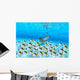 Woman snorkeler near sandy bottom, Butterflyfish school foreground Wall Mural