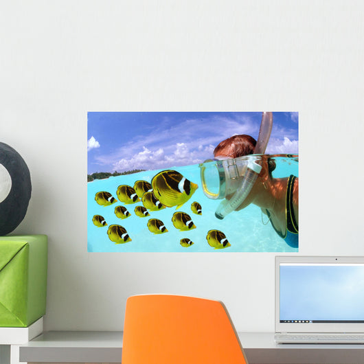 Over/under woman snorkeler face to face with Butterflyfish school Wall Mural