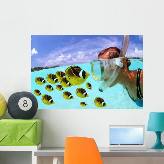 Over/under woman snorkeler face to face with Butterflyfish school Wall Mural
