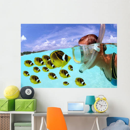 Over/under woman snorkeler face to face with Butterflyfish school Wall Mural