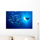 Midway Atoll, brown chub school and diver silhouette, sunburst Wall Mural