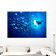 Midway Atoll, brown chub school and diver silhouette, sunburst Wall Mural