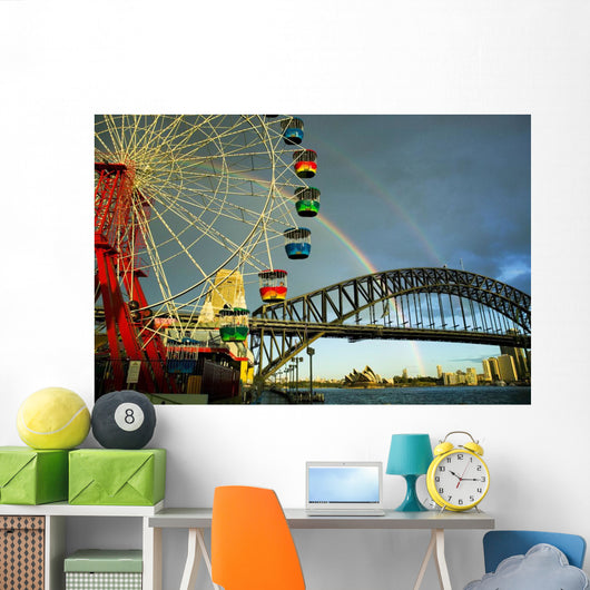Ferris Wheel with Rainbow and Clear Sky Wall Mural