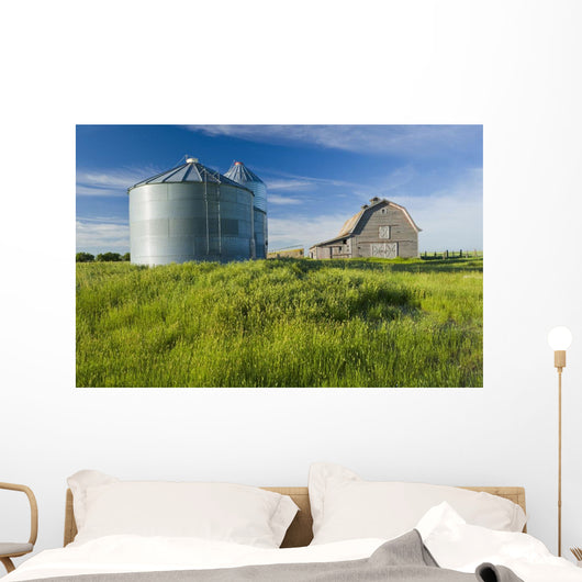 Old Barn With Metal Grain Bins Wall Mural
