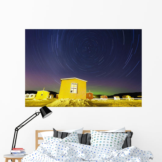 Star Trails And Ice Fishing Huts On Saguenay River Wall Mural