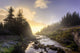 A Hiker Stands By Brook As Sunrise Burns Through The Mist Wall Mural