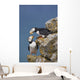 Horned Puffin Pair Perched On Rock Ledge With The Blue Bering Sea Wall Mural