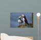 Horned Puffin Pair On Ledge With One Calling In Courtship Display Wall Mural