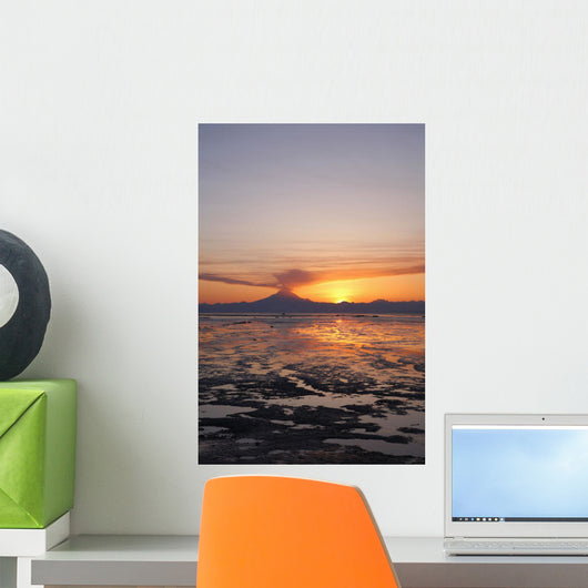 Ash Cloud Rises From Mt Redoubt At Sunset During Low Tide Wall Mural