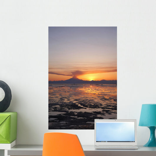 Ash Cloud Rises From Mt Redoubt At Sunset During Low Tide Wall Mural