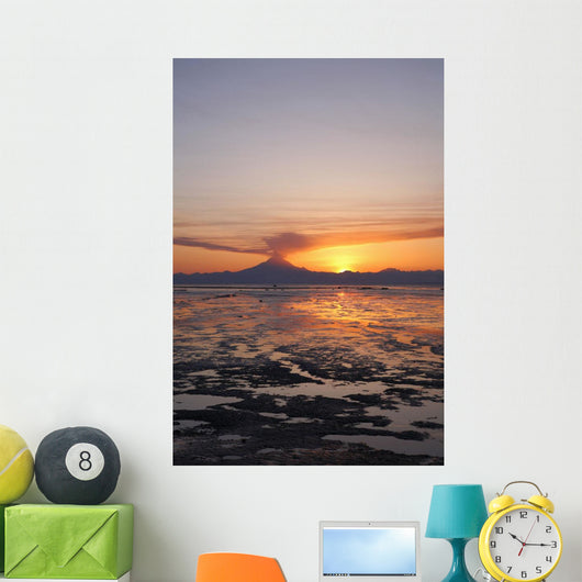 Ash Cloud Rises From Mt Redoubt At Sunset During Low Tide Wall Mural