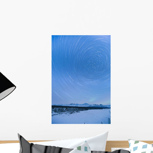 Night Time View Of Star Trails Over Mt Mckinley With Northern Lights Wall Mural