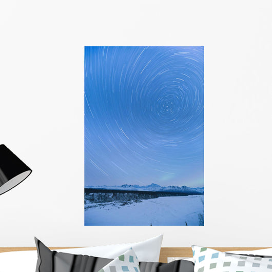 Night Time View Of Star Trails Over Mt Mckinley With Northern Lights Wall Mural