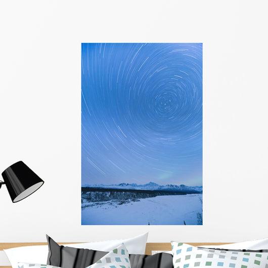 Night Time View Of Star Trails Over Mt Mckinley With Northern Lights Wall Mural