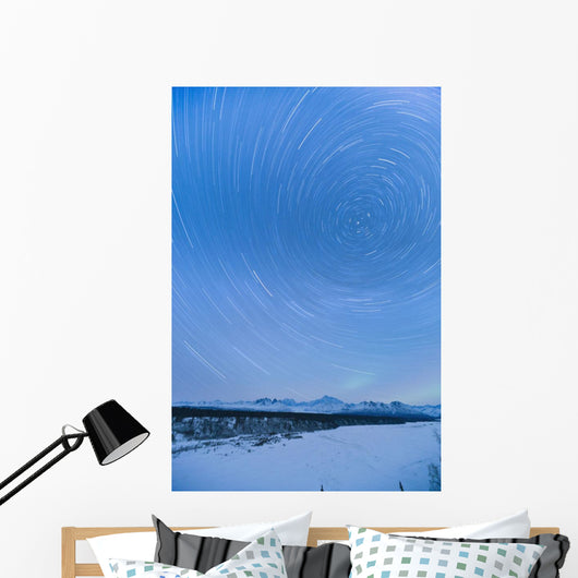 Night Time View Of Star Trails Over Mt Mckinley With Northern Lights Wall Mural