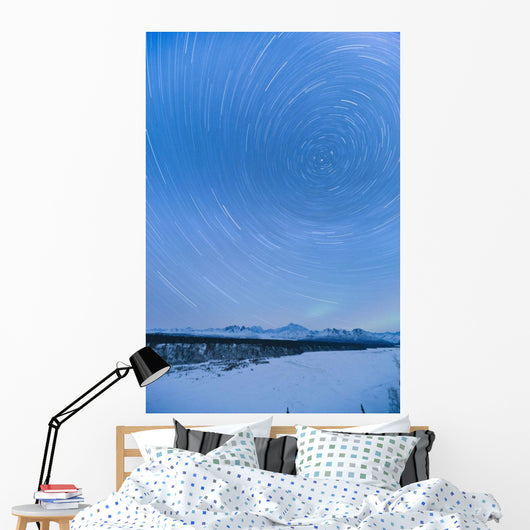 Night Time View Of Star Trails Over Mt Mckinley With Northern Lights Wall Mural