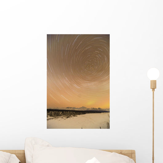 Night Time View Of Star Trails Over Mt Mckinley With Northern Lights Wall Mural