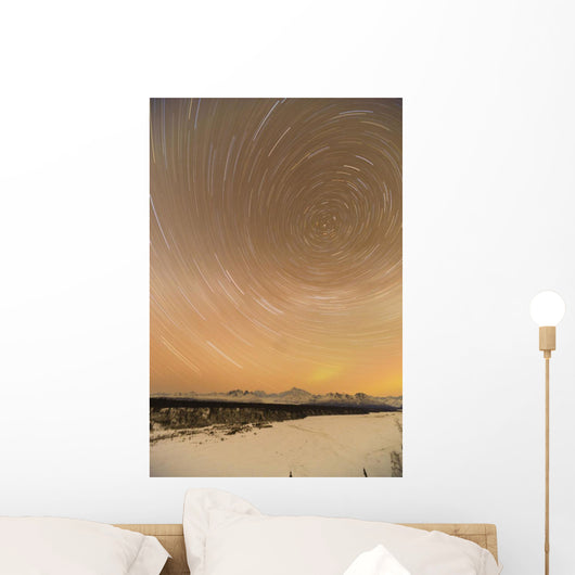 Night Time View Of Star Trails Over Mt Mckinley With Northern Lights Wall Mural