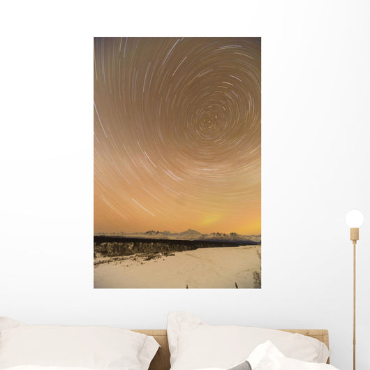 Night Time View Of Star Trails Over Mt Mckinley With Northern Lights Wall Mural