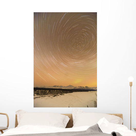 Night Time View Of Star Trails Over Mt Mckinley With Northern Lights Wall Mural