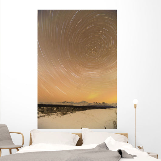 Night Time View Of Star Trails Over Mt Mckinley With Northern Lights Wall Mural