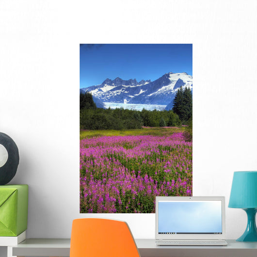 View Of The Mendenhall Glacier With A Field Of Fireweed Wall Mural