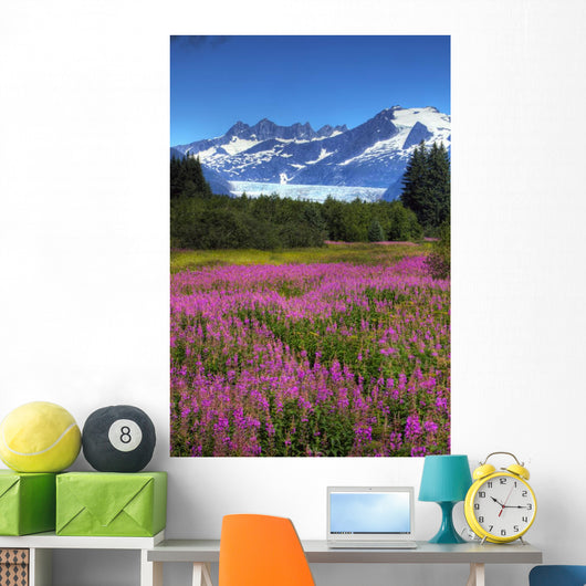 View Of The Mendenhall Glacier With A Field Of Fireweed Wall Mural